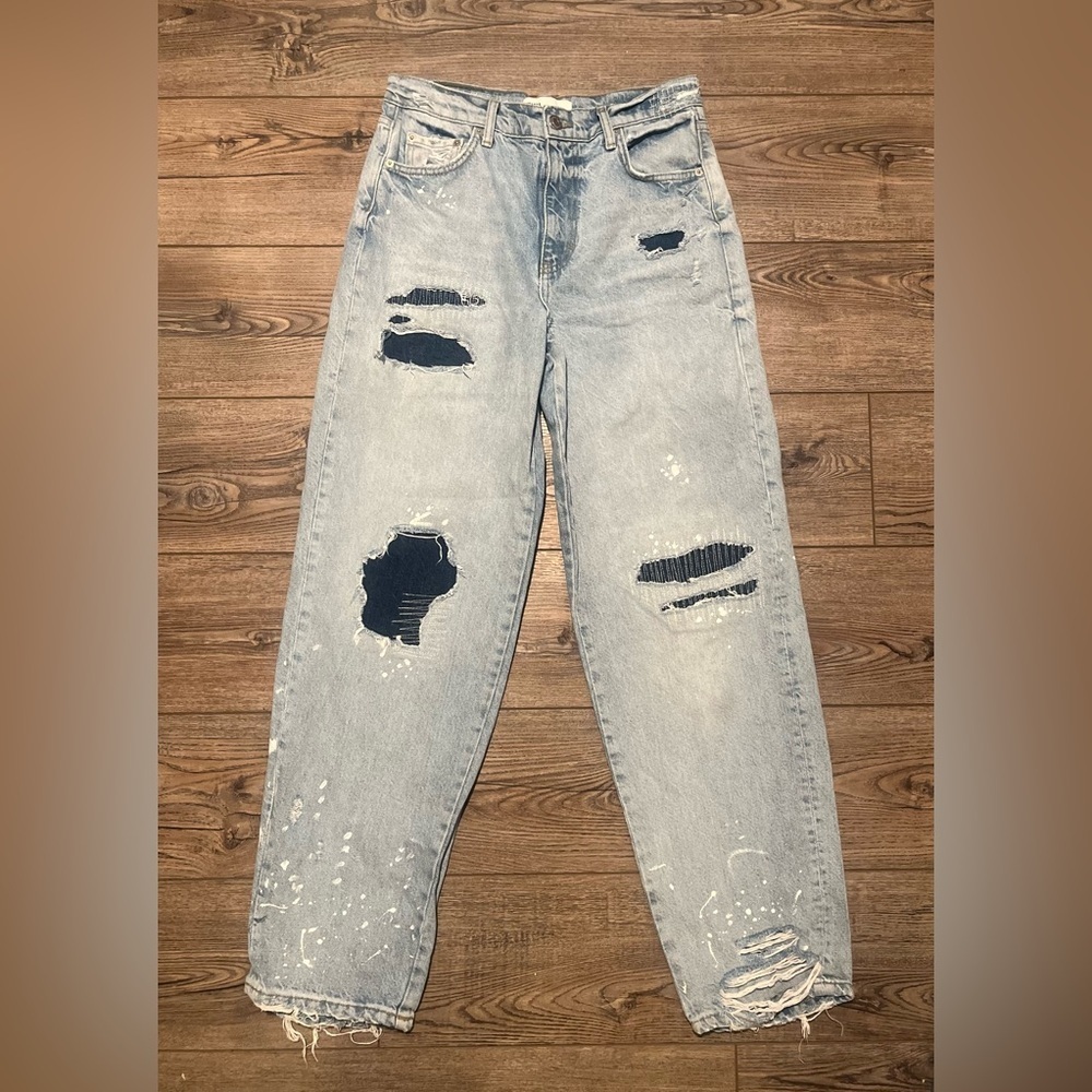 Oversized loose baggy jeans patch work paint distressed grunge preppy barrel